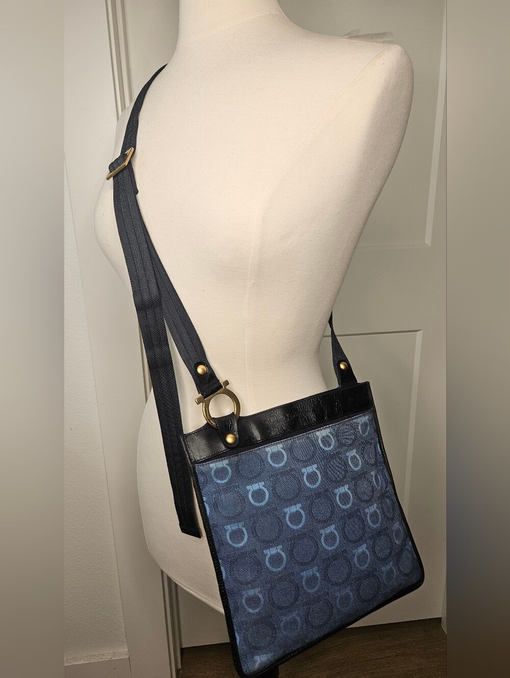 Authentic 80s Salvatore Ferragamo Gancini Blue Monogram Crossbody Shoulder Bag